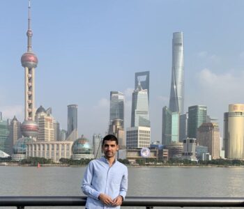 Pasquale Pometti in Shanghai, standing on the Bund in front of Pudong