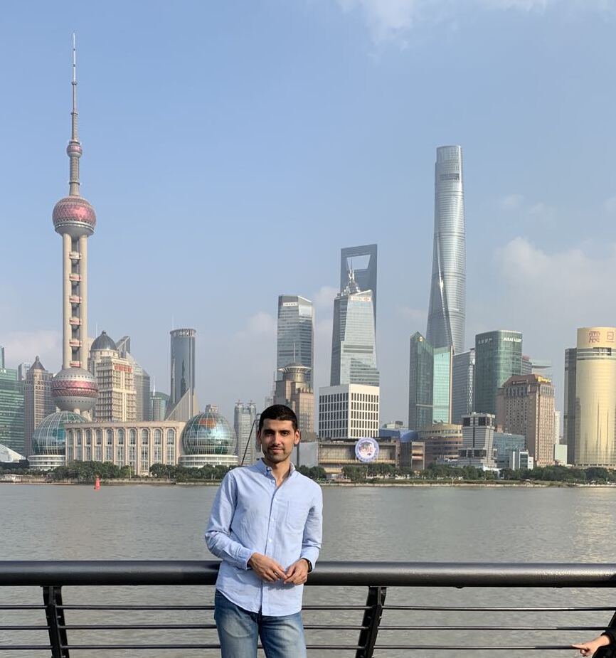 Pasquale Pometti in Shanghai, standing on the Bund in front of Pudong