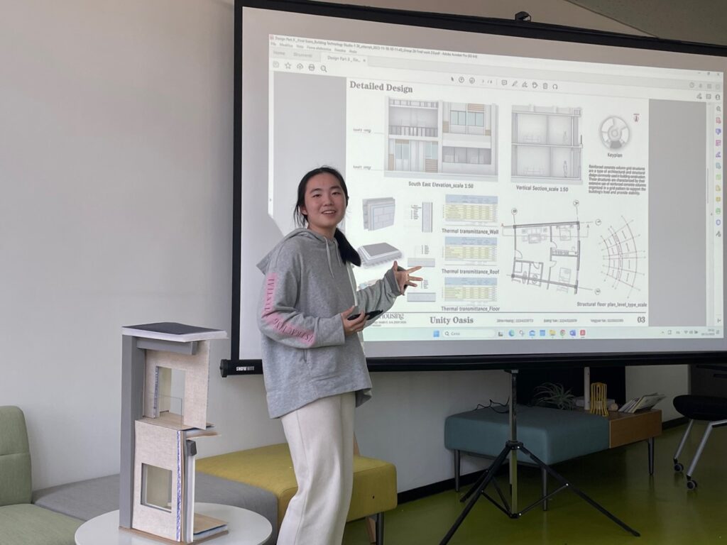 a student presents her final work for the "Building technology studio"